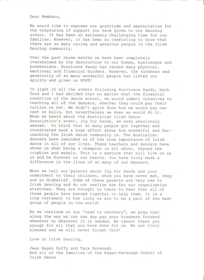 Jig for Sandy Irish dancing Hagen Kavanagh Hurricane Sandy thank you letter
